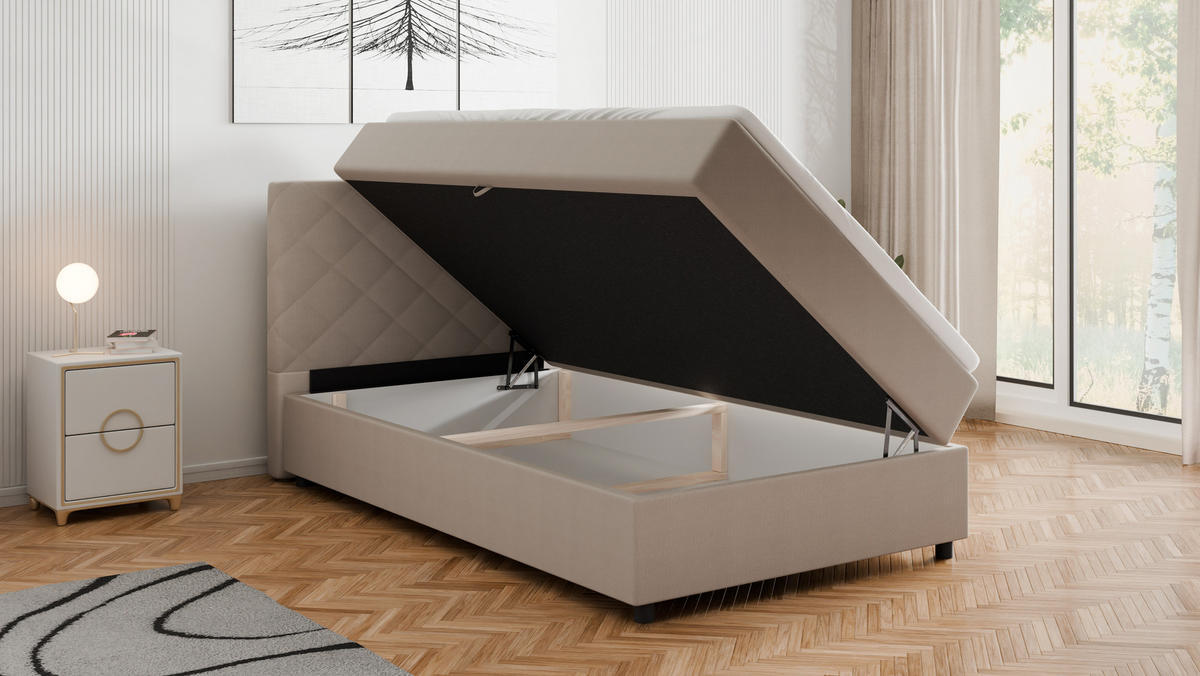 BOXBETT Diamaro 120x200 cm mit Bettkasten und Topper - Dunkelbeige - Beige, Holz (120/215cm) - Panda Möbel