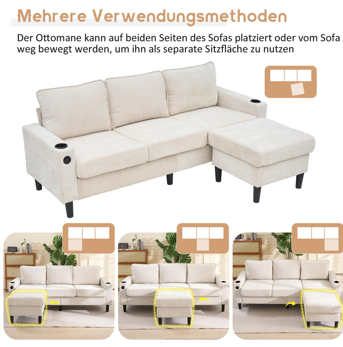 ECKSOFA Leinen mit USB-Anschluss und Typ-C 202/137/80 cm Beige - Beige, Textil (137/202cm) - Redom
