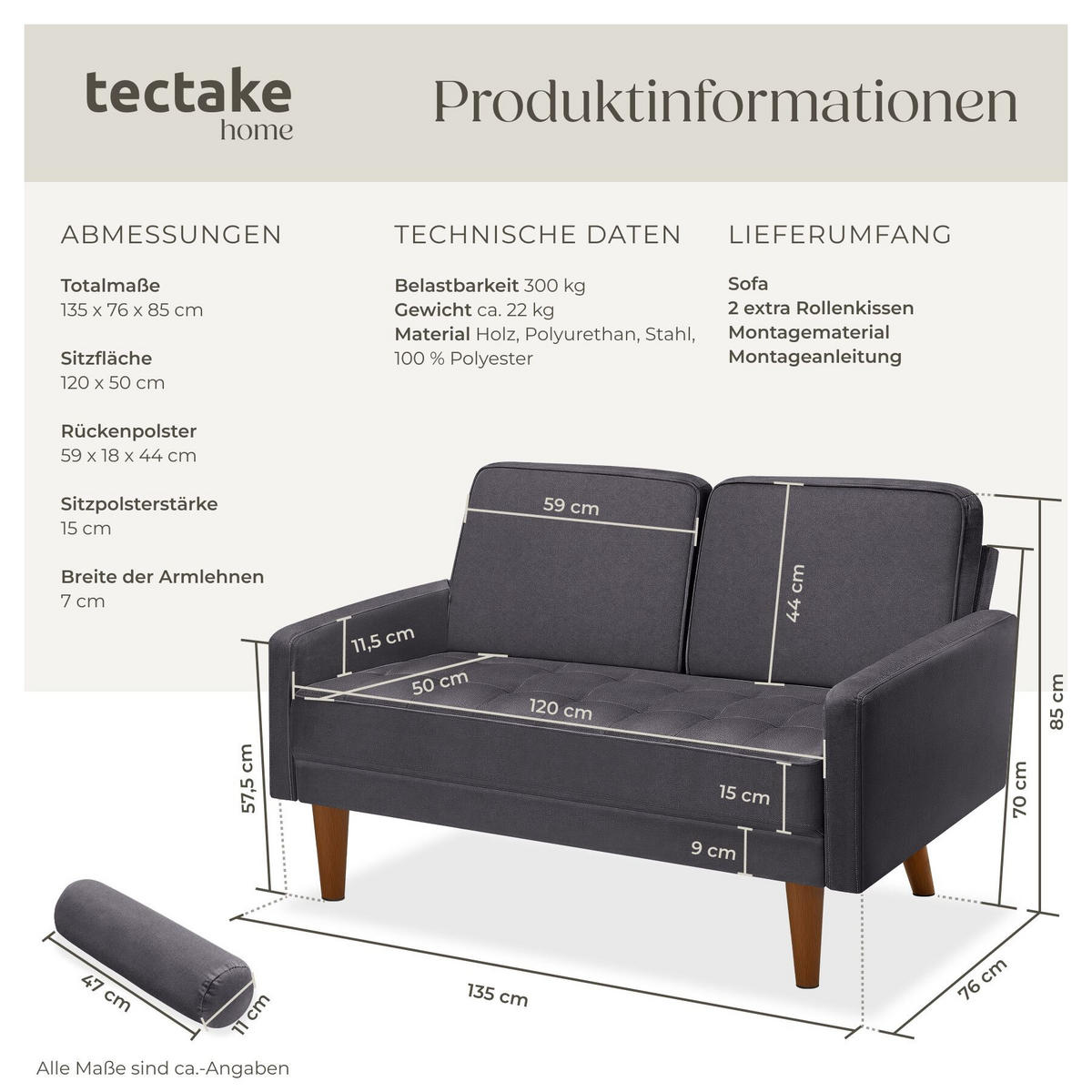 SOFA Skagen, 135 x 76 x 85 cm, Samtoptik grau - Braun/Grau, Kunststoff/Textil (135/85/76cm) - tectake