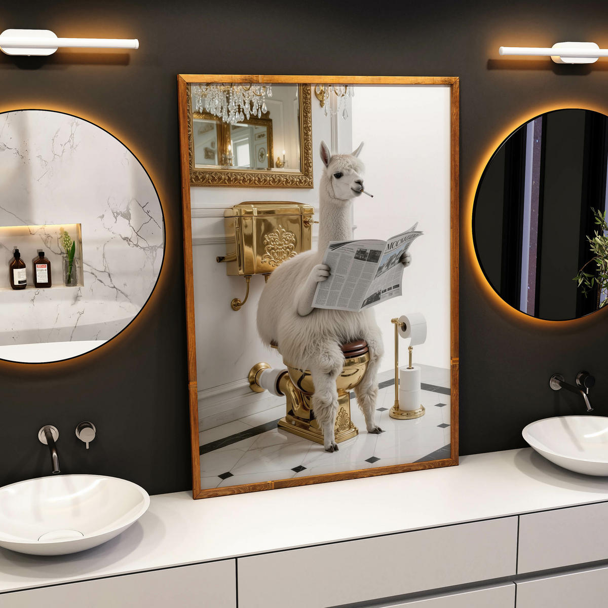 POSTER für Badezimmer WC LAMA mit Zeitung auf Toilette Glamour Abstraktion 50x70cm - Gelb/Beige, Papier (50/70/70cm) - Muralo