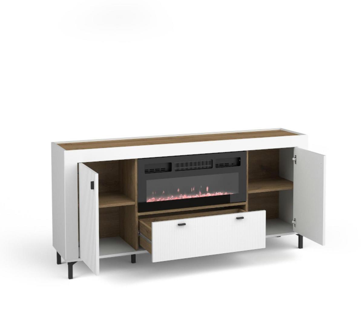 KOMMODE mit Kamin Mossa Weiß, Zweitürige Kommode mit Schubladen und LED - Schwarz/Weiß, Holzwerkstoff (177/84/40cm) - Bettso