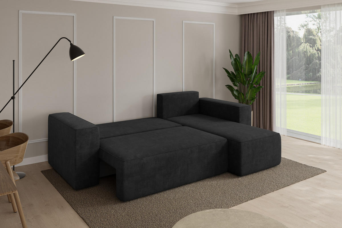 ROHOVÁ SEDAČKA s funkcí spaní, otoman vpravo SENO-L 249x139x85 černá velur - černá, kompozitní dřevo/textil (249/139cm) - ALTDECOR