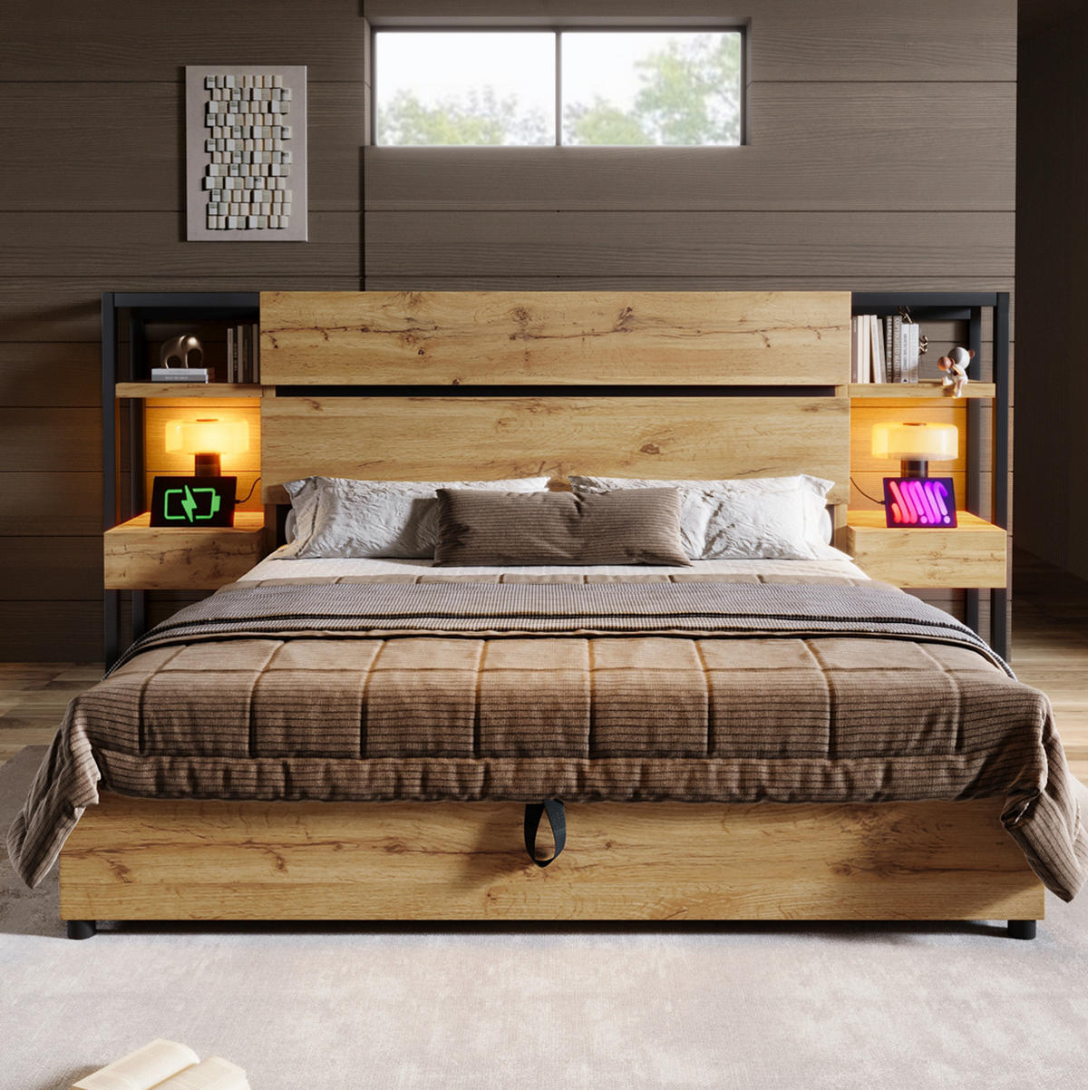 BETT 160/200 cm mit Bettkasten, Kopfteil mit Schubladen & USB/Type‑C, Eiche/Schwarz - Eichefarben, Holzwerkstoff (160/200cm) - Redom