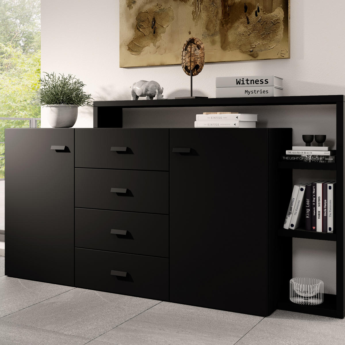 SIDEBOARD BOTTEGA 180/98/37 cm mit 4 Schubladen und 2 Türen Schwarz - Schwarz, Holzwerkstoff (180/98/37cm) - MASSENO