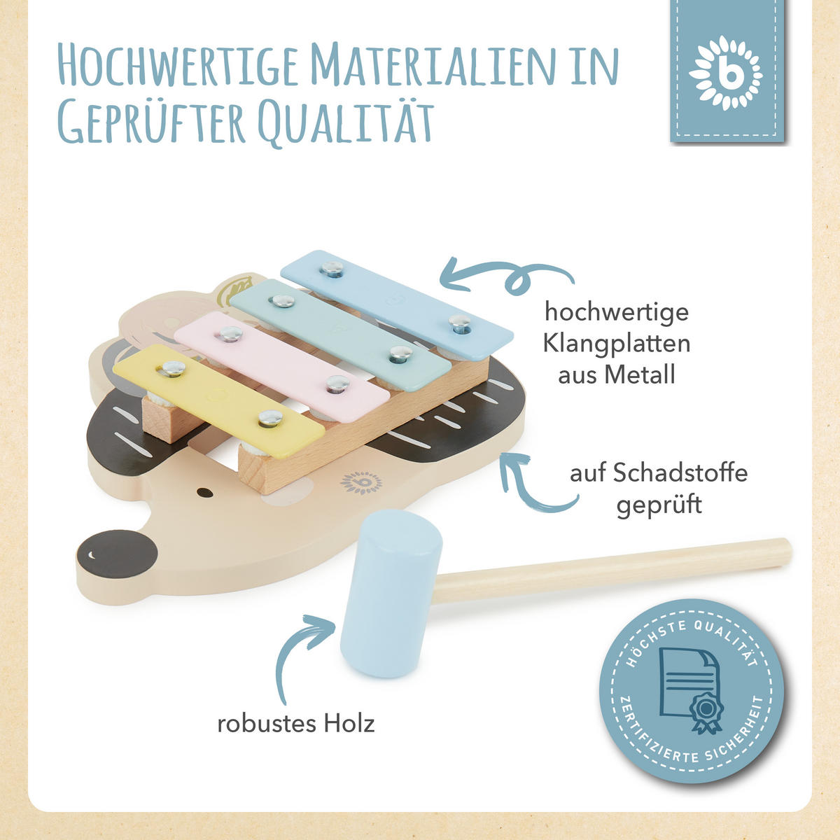 XYLOPHON Igel - ab 12 Monate - Multicolor, Holz (17/3/17.4cm) - Bieco Spielwaren