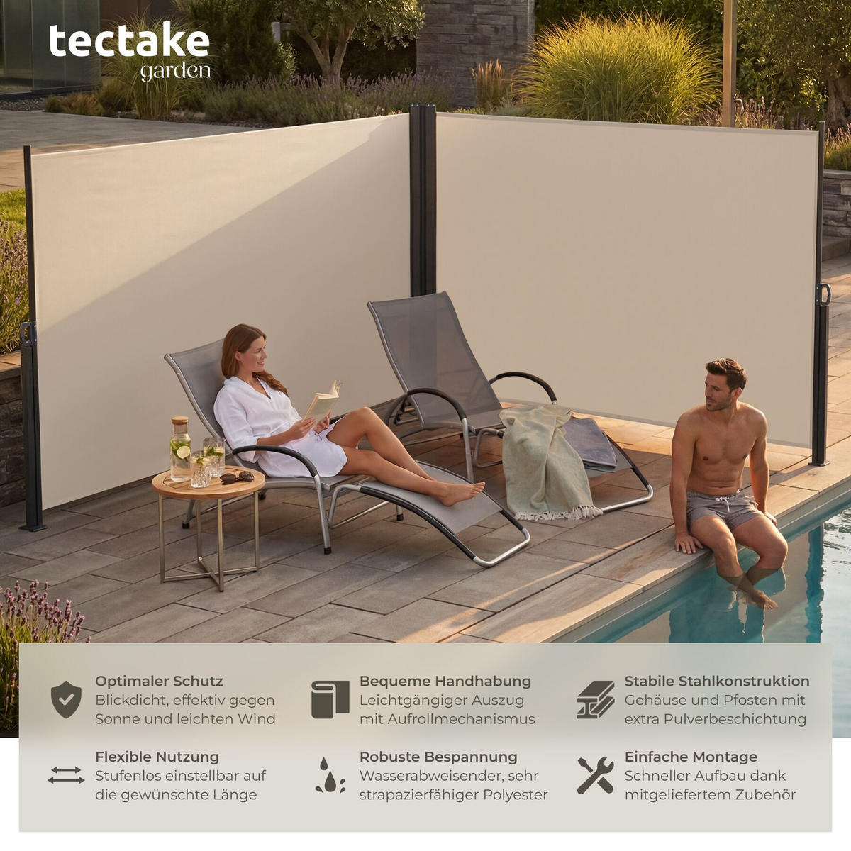 DOPPEL-SEITENMARKISE , ausziehbar, mit Aufrollmechanismus, beige - Beige, Textil (600/180/9cm) - tectake