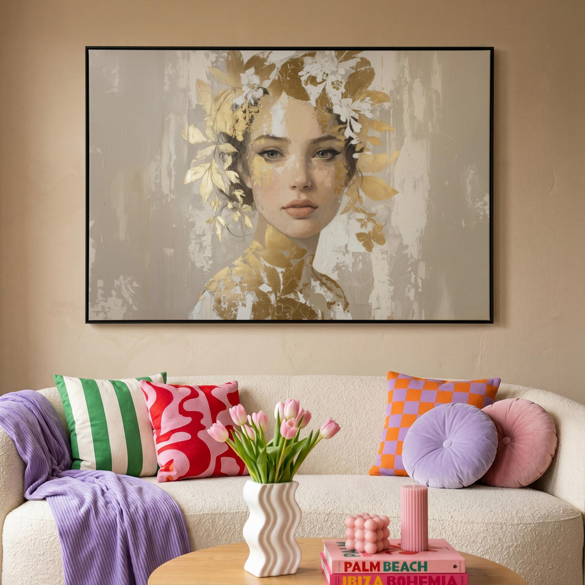 LEINWAND Bilder mit Rahmen - Gesicht - Frau - Blätter - Gold - 150x100 - Beige, Textil (150/100cm) - MuchoWow