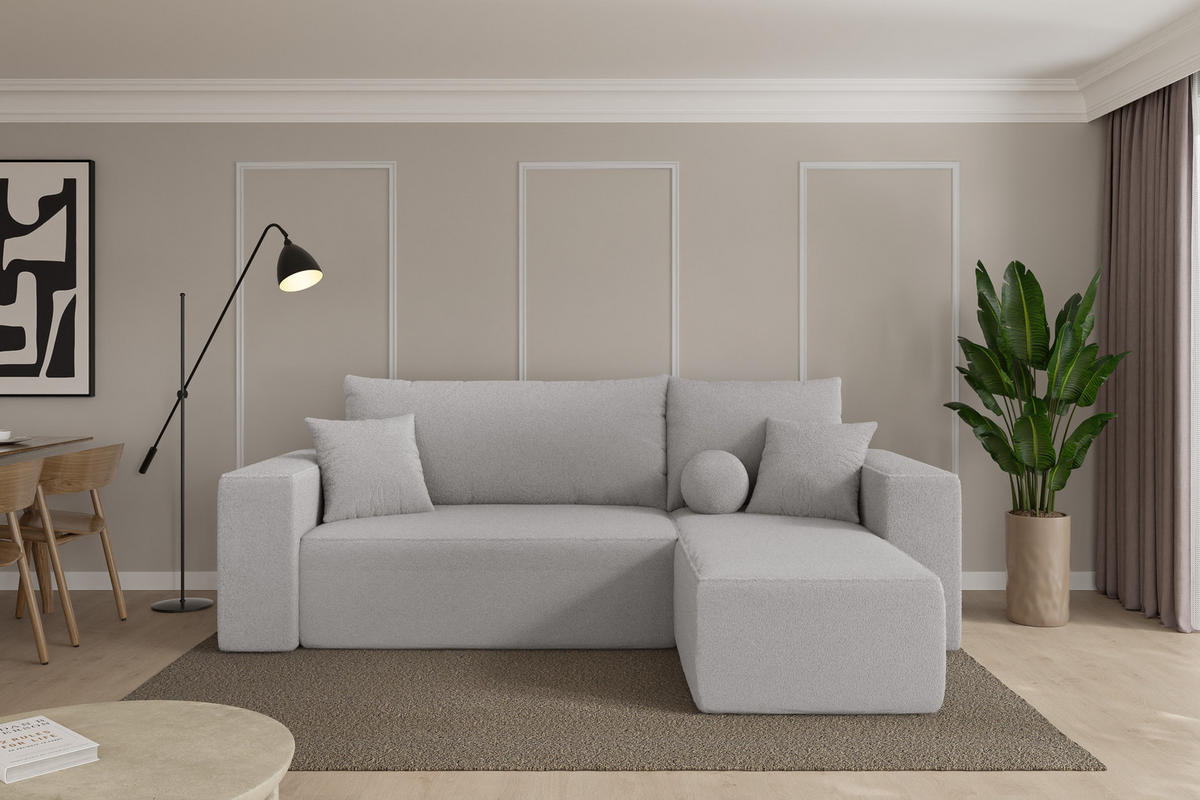 ROHOVÁ SEDAČKA s funkcí spaní, otoman vpravo SENO-L 249x139x85 světle šedá bouclé - černá/stříbrná, kompozitní dřevo/textil (249/139cm) - ALTDECOR