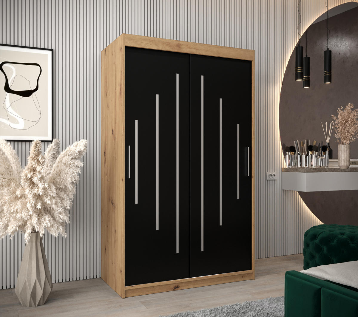 SCHWEBETÜRENSCHRANK 200/120/62 2-türig - Silberfarben/Schwarz, Holz/Kunststoff (120/200/62cm) - Abiks Möbel