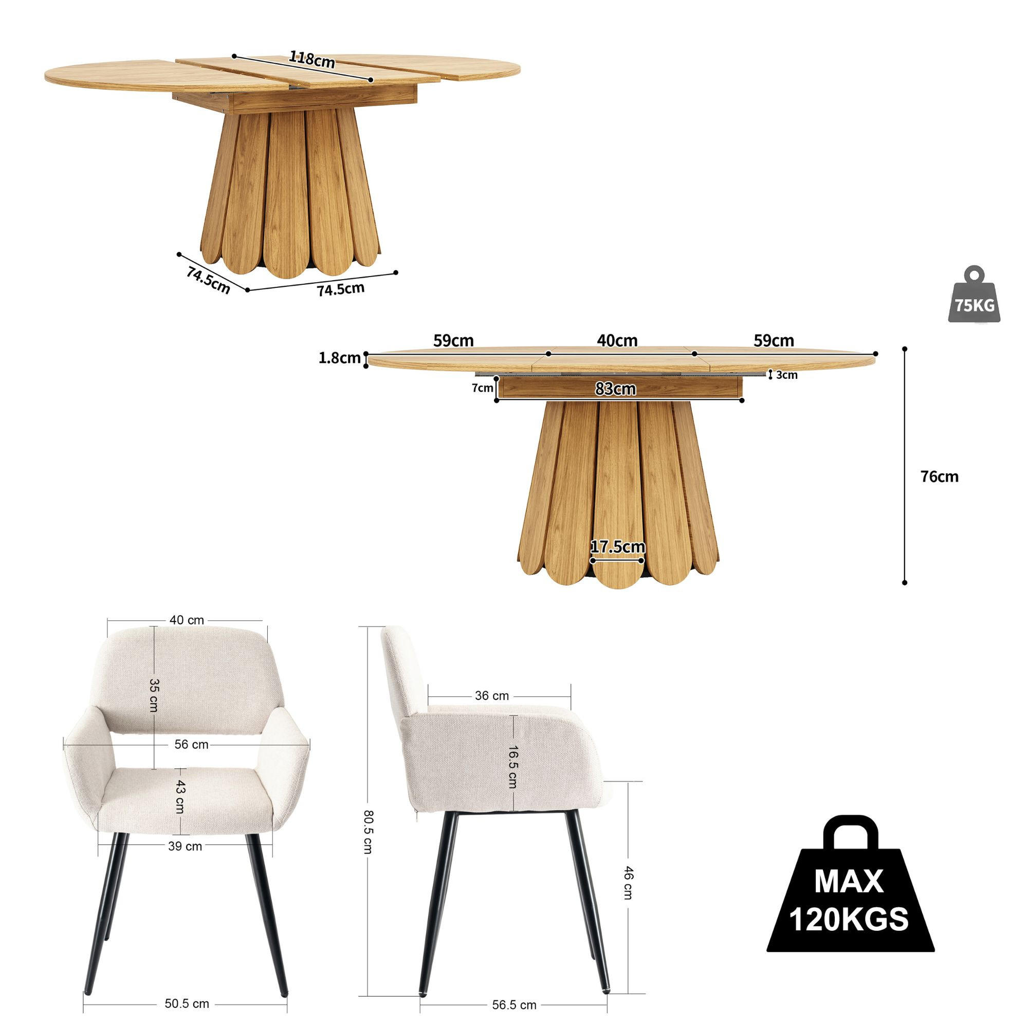Urban Meuble Esstisch-Set Natur 118x76x118 cm