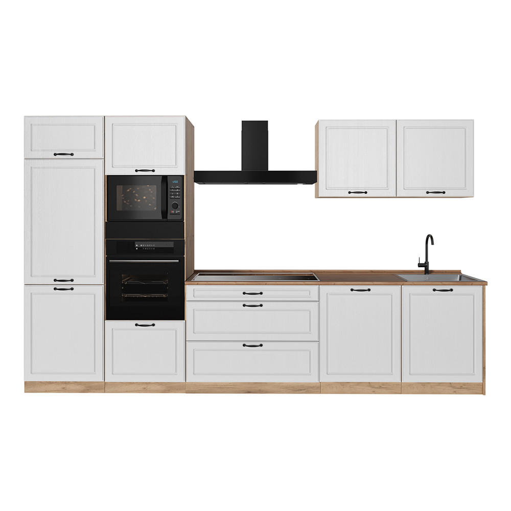 KÜCHENZEILE R-Line, Weiß Landhaus/Goldkraft Eiche, 340 cm Arbeitsplatte Goldkraft Eiche - Eichefarben/Weiß, Holzwerkstoff (340/206.8/60cm) - Vicco