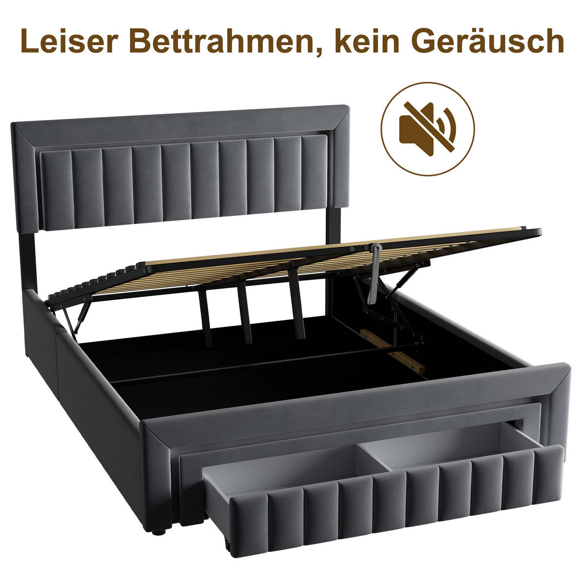 POLSTERBETT 180/200 cm in Grau Samt mit Bettkasten und gepolstertes Kopfteil - Grau, Holzwerkstoff/Textil (180/200cm) - CHICFURN