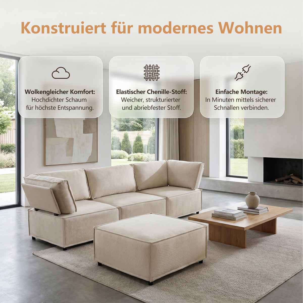ECKSOFA DE-35021 modular Beige - Beige, Holzwerkstoff (154/238cm) - ComfortXL