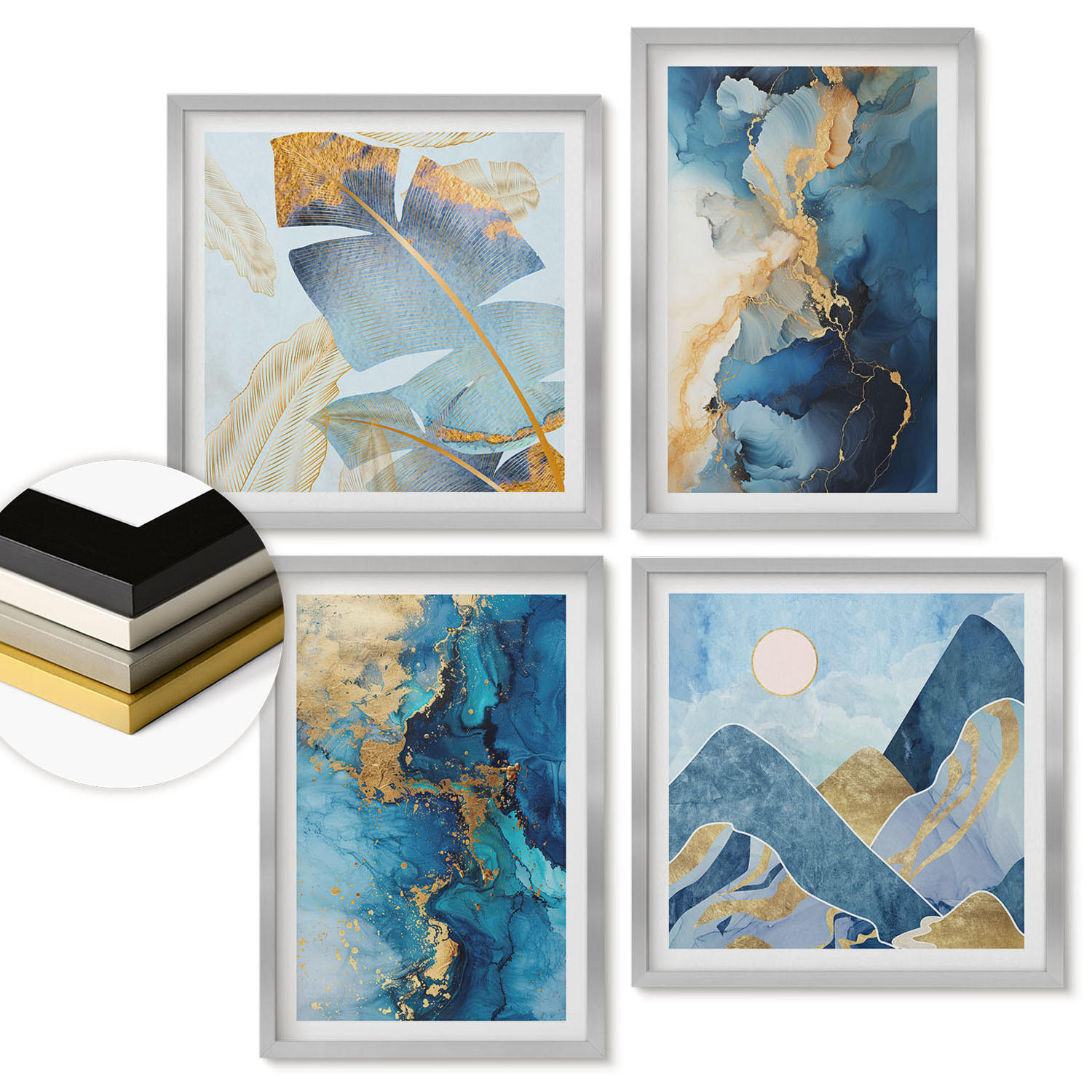 WANDBILDER 4er Set - 50x50 cm & 40x60 cm Silberner Rahmen - Goldmuster in den blauen Bergen - Silberfarben, Kunststoff (50/50cm) - ArtPrintCave