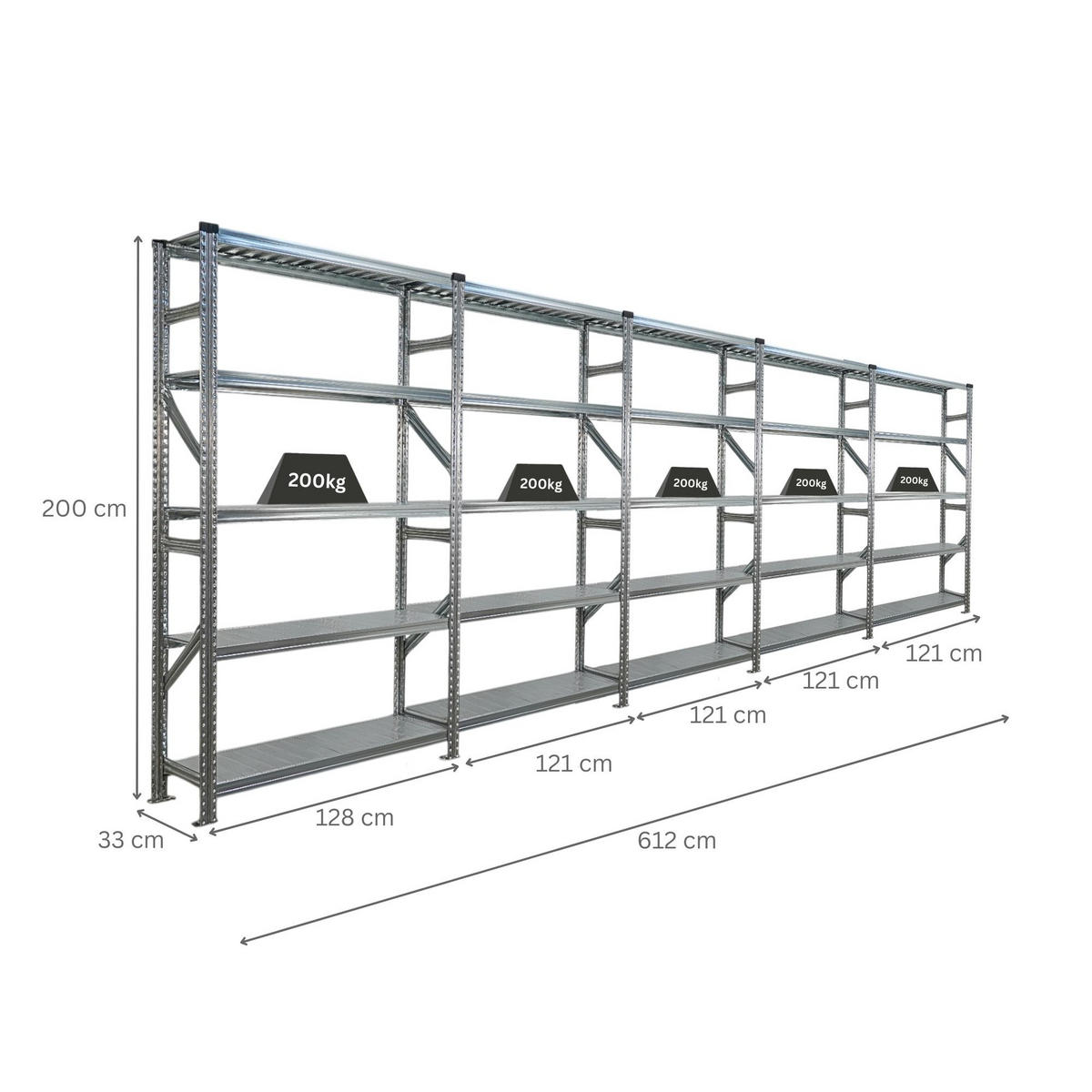 FACHBODENREGAL Proximo Stecksystem 200x600x32cm 5 Ebenen Fachlast 200 kg Beidseitig nutzbar Verzinkt - Silberfarben, Metall (600/200/32cm) - PROREGAL