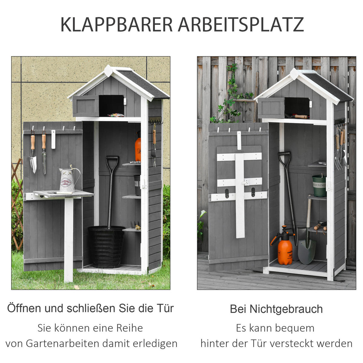 GARTENSCHRANK aus Holz 78x52,5x182 cm in Dunkelgrau mit Klapptisch - Dunkelgrau, Holz (52.5/182/78cm) - Modfu
