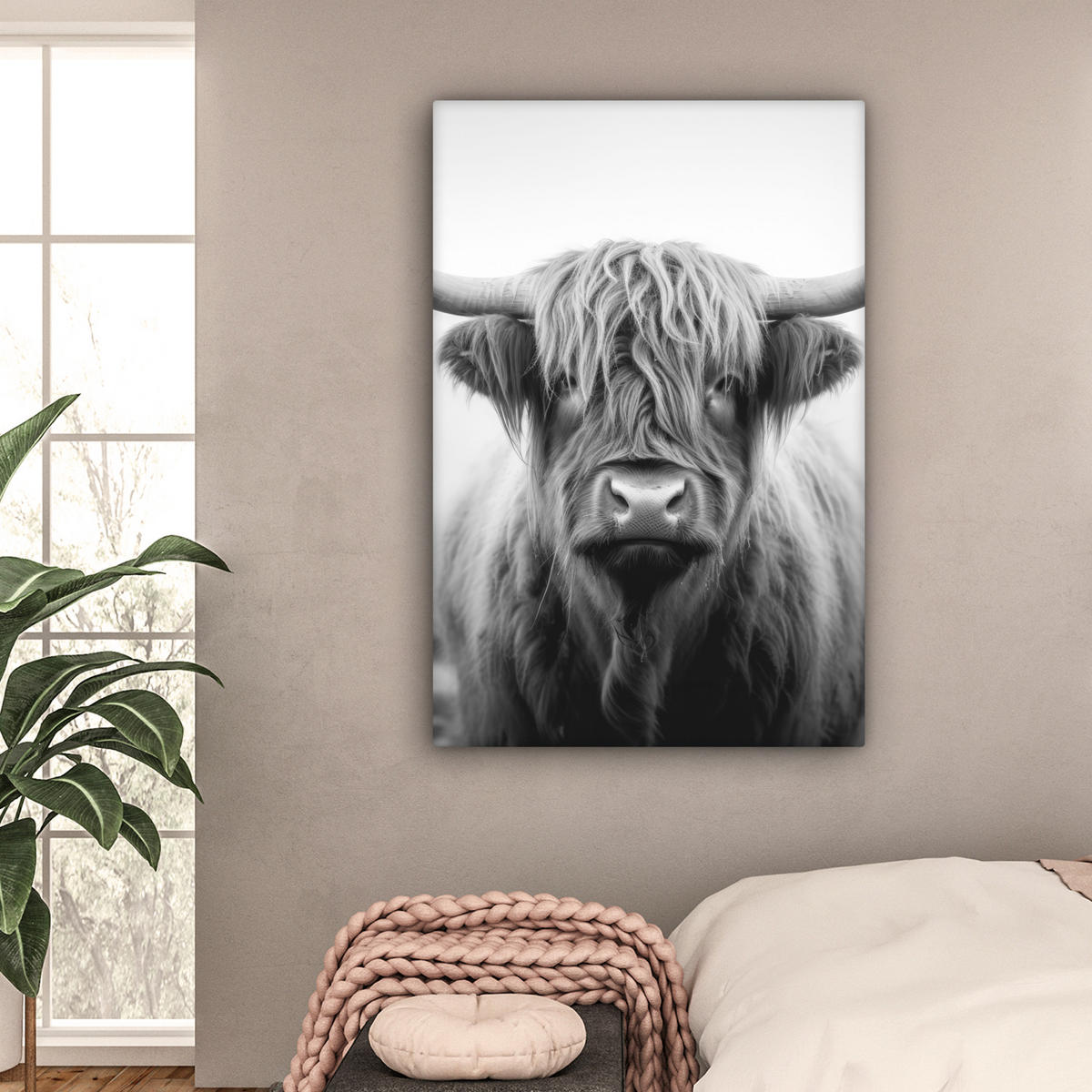 LEINWANDBILD - Schottischer Highlander - Nebel - Schwarz - Weiß - 80x120 - Wanddeko - Grau, Textil (80/120cm) - MuchoWow