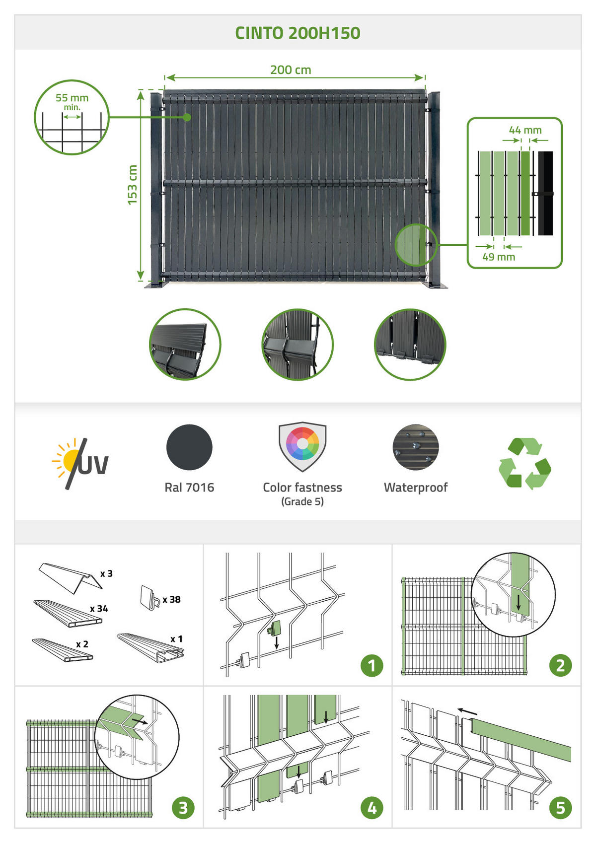 PVC-SICHTSCHUTZLAMELLEN-STEIF-SET Cinto grau 2m H.150cm - Mit clips und Endprofil - Grau, Kunststoff (200/153cm) - Casanoov