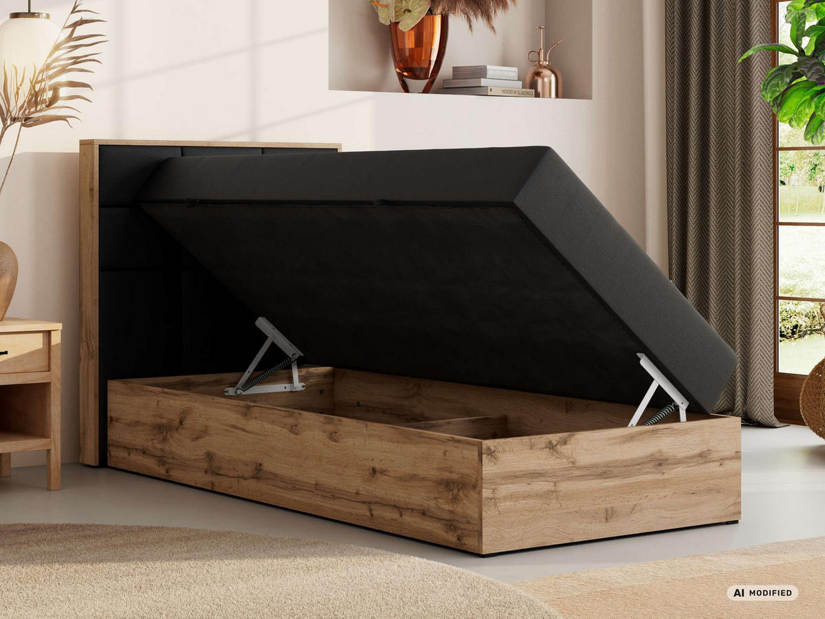 BOXBETT ALBERO 1 90/200 - Schwarz Kunstleder - Topper Visco - H4 - Links - Schwarz, Kunststoff/Textil (90/200cm) - MKS