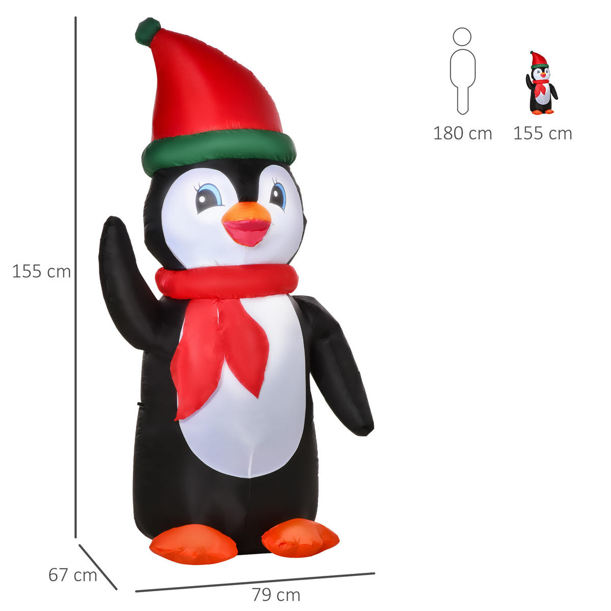 AUFBLASBARER Weihnachts-Pinguin, Polyester, Weiß+Schwarz+Rot+Grün - Multicolor, Kunststoff (67/155/79cm) - HOMCOM