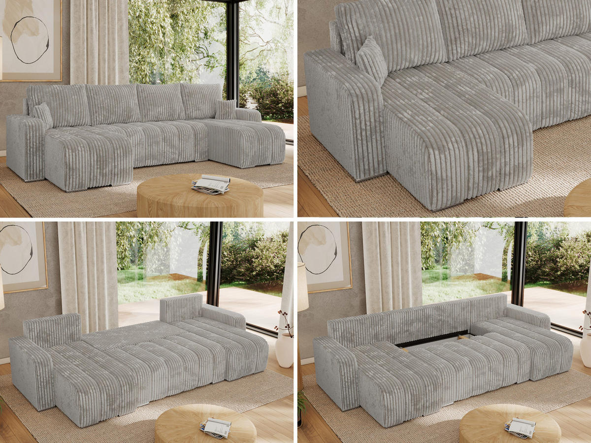 WOHNLANDSCHAFT KIRASSO U Hellgrau Cord - Hellgrau/Grau, Textil/Metall (320/86/147cm) - MKS