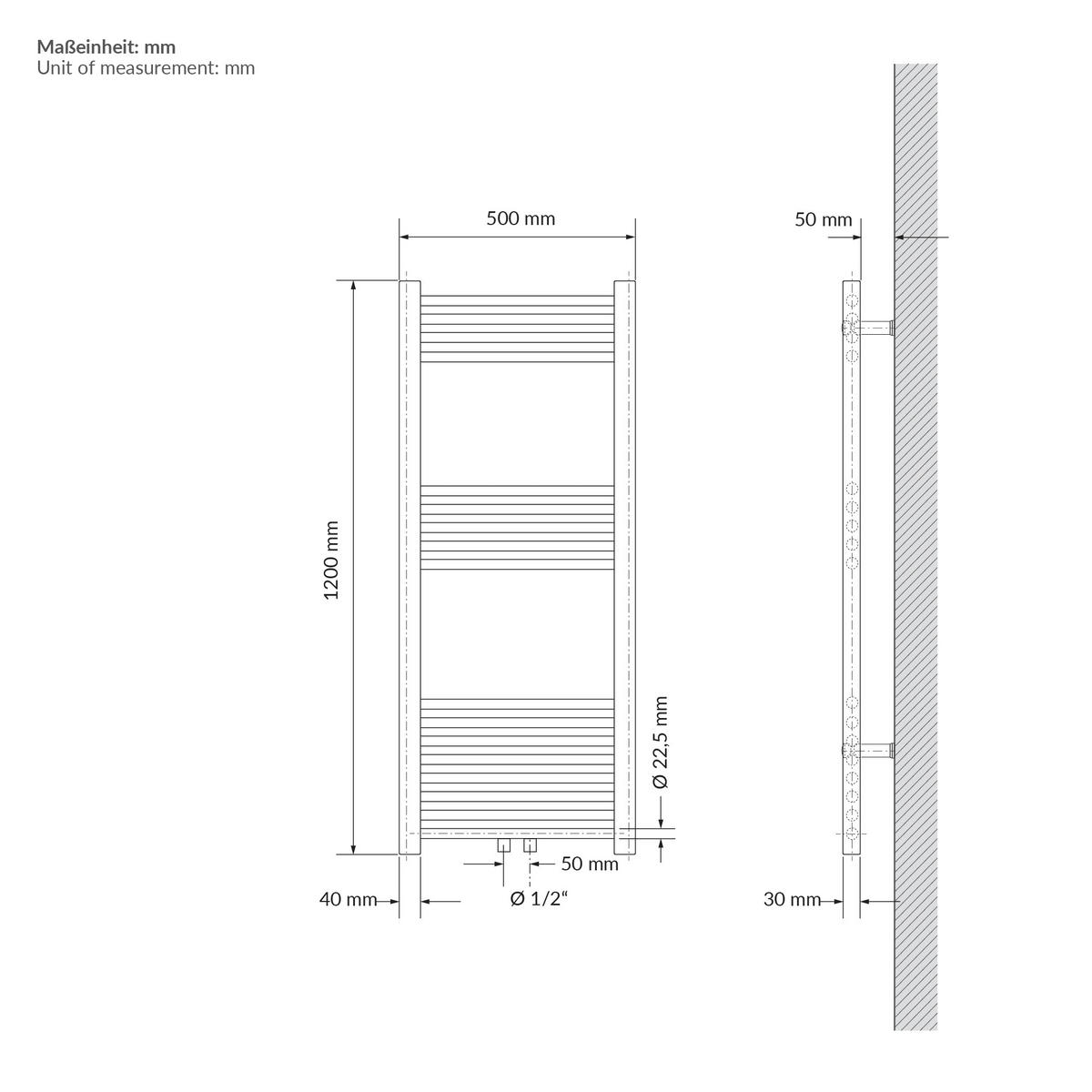RUČNÍKOVÝ radiátor 500 x 1200 mm, béžový, rovný s středovým připojením - béžová, kov (50/120/3cm) - LuxeBath