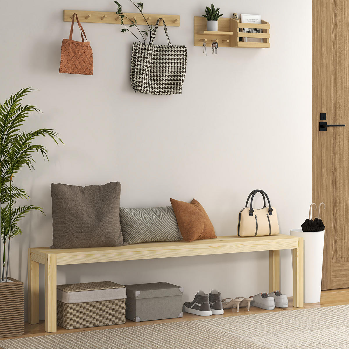 175CM Sitzbank 3-Sitzer Holzbank Essbank im Landhaus-Stil, Küchenbank für Küche - Naturfarben, Holz (33/45/175cm) - HOMCOM