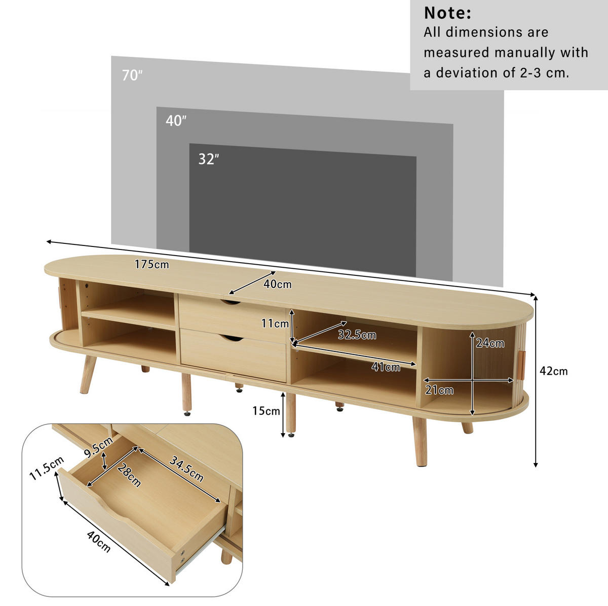 TV-ELEMENT mit Stauraum 175 x 40 x 42 cm MDF Oak - Braun, Holzwerkstoff (40/42/175cm) - Beauniv