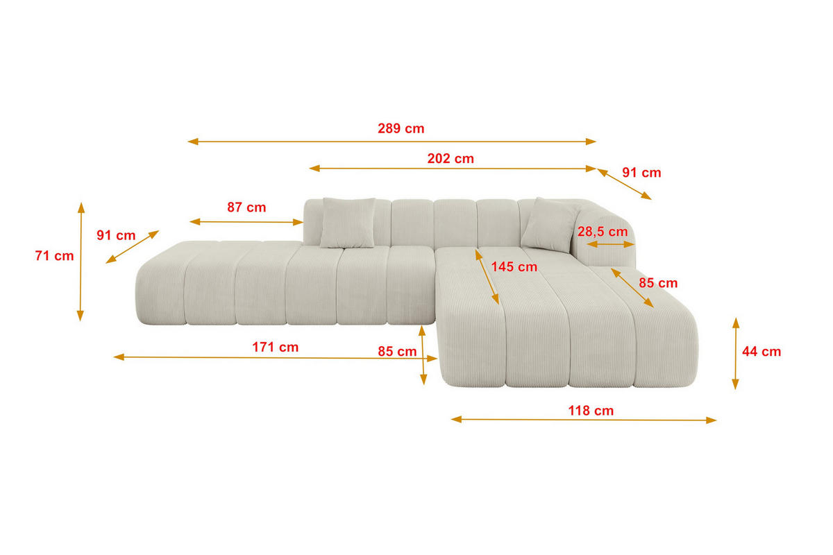 ROHOVÁ SEDAČKA s otomanem, pravá BILA-L 289x176x71 Krémová Manšestr - černá/krémová, kompozitní dřevo/textil (289/176cm) - ALTDECOR