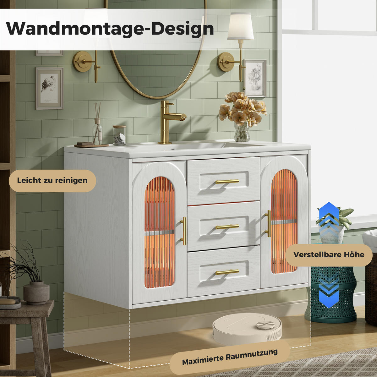 BADEZIMMERSCHRANK Wandmontiert Waschbecken LED Glasfront 76cm - Weiß, Glas (76/55/46cm) - FLIEKS