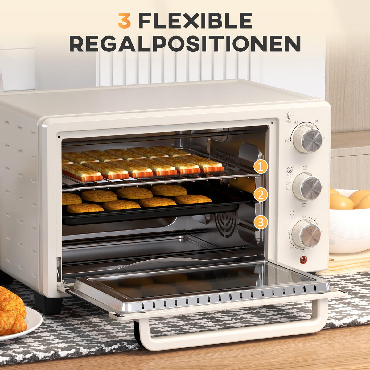 MINIBACKOFEN 21L mit Drehspieß, Edelstahl Mini Ofen mit Grillfunktion, Backblech & Grillrost, 3 Kochmodi, Cremeweiß - Beige, Metall (46/29/38.5cm) - Beaface