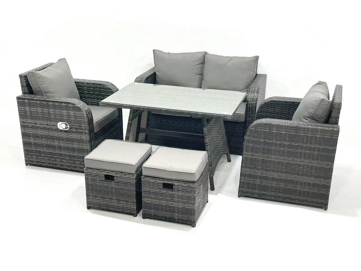 GARTENMÖBEL SET mit COUCHTISCH Polyrattan Dunkelgrau 6-Sitzer - Dunkelgrau/Grau, Glas/Kunststoff - Fimous