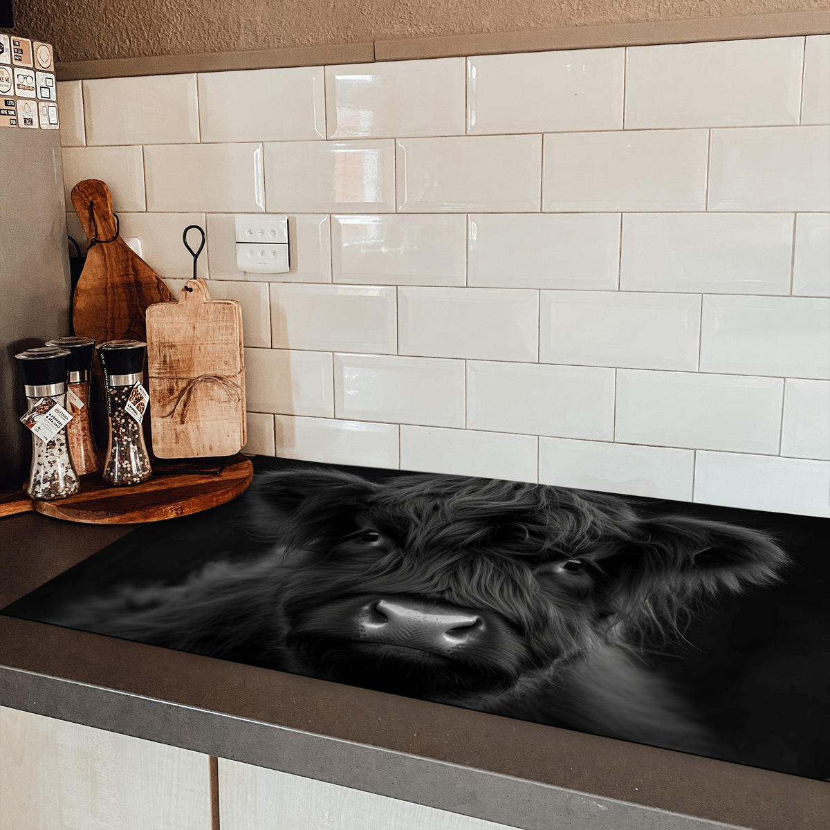 HERDABDECKPLATTE Scottish Highlander - Schwarz - Kalb - Kuh Ceranfeldabdeckung 90x52 cm - Schwarz, Kunststoff (90/52/0.2cm) - MuchoWow