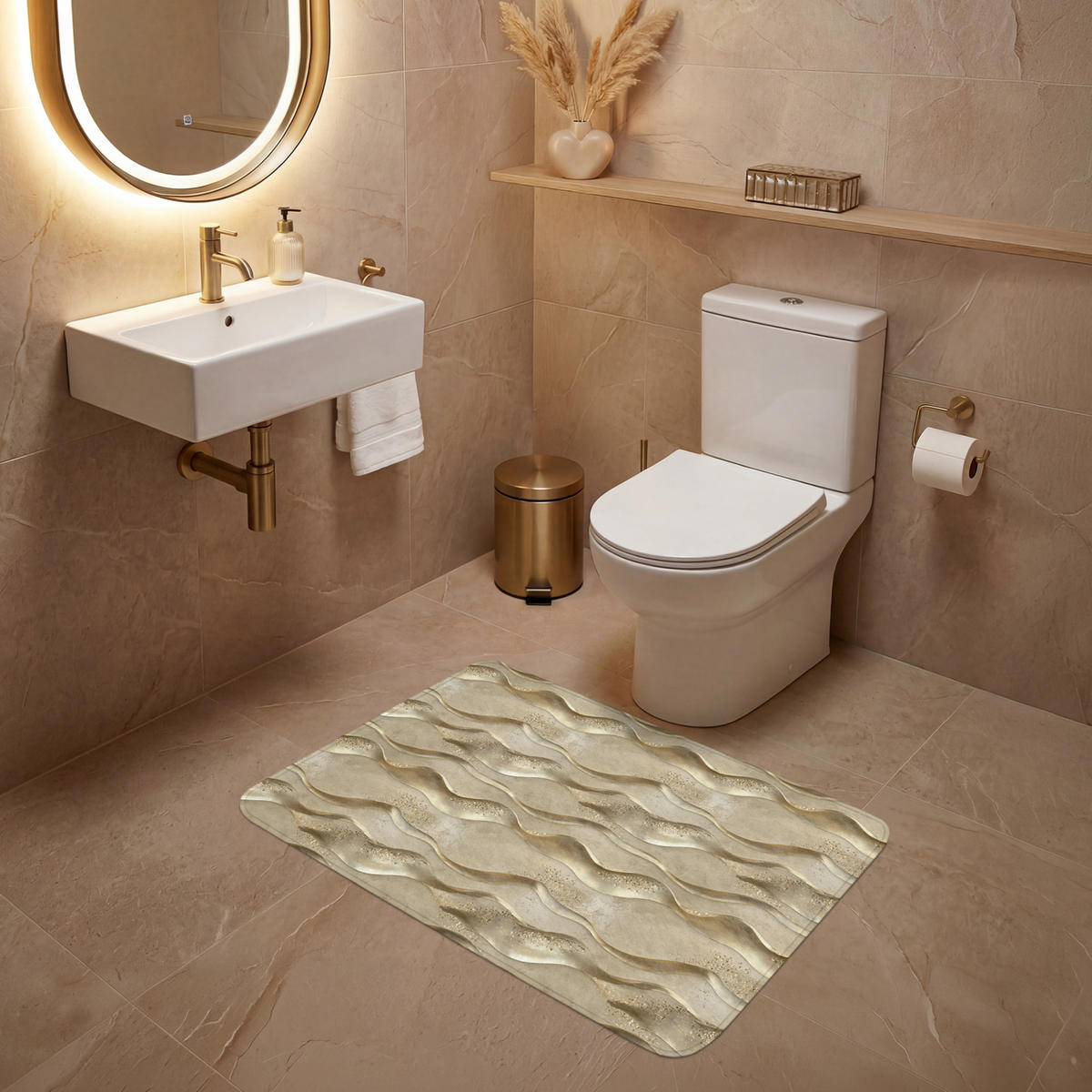 WC PŘEDLOŽKA Vlny - vzor - zlaté 90x60 cm - barva mosazi, textil/plast (90/1cm) - OnlyWow