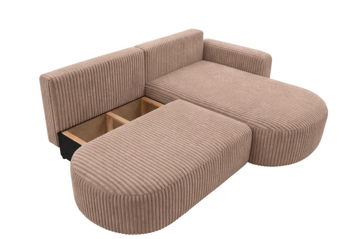 ECKSOFA Mit Schlaffunktion Und Bettkasten, Cordstoff Tilia, Braun, Rechts, ROUND ONE OPEN XL - Braun, Holz (262/175cm) - Kaiser Möbel