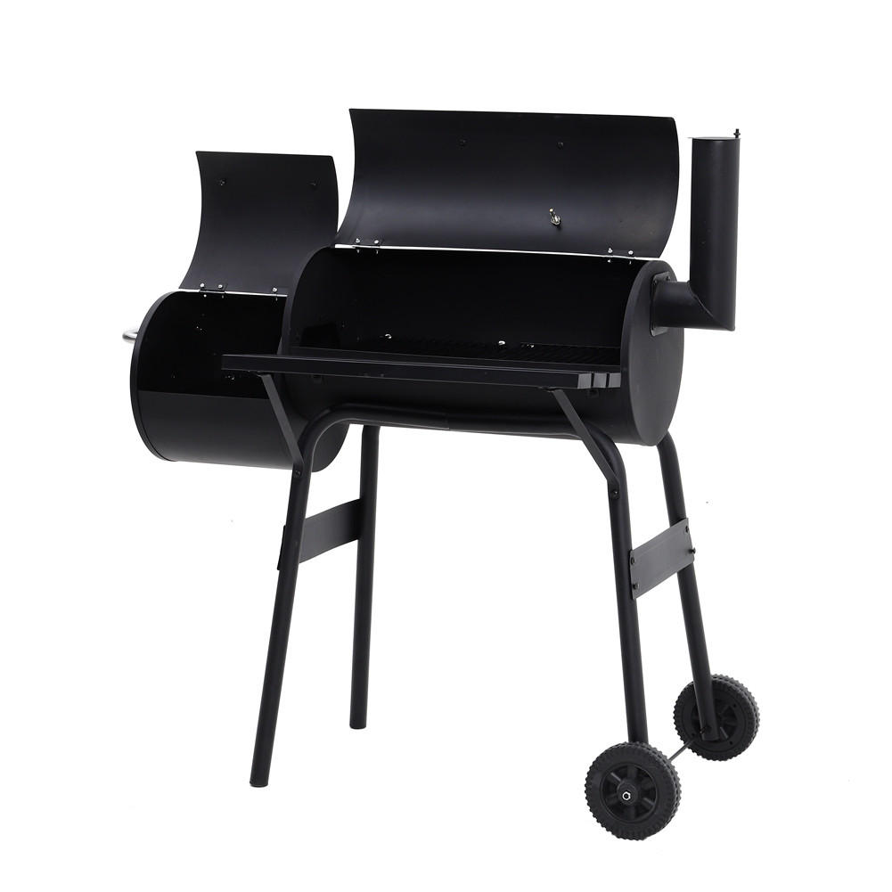 HOLZKOHLEGRILL Camping Smoker Grill 2-in-1 Design 3 Grillroste Seitentisch mit Rädern Schwarz ideal für Garten & Picknick - Schwarz, Metall (53/114/115cm) - Livingandhome