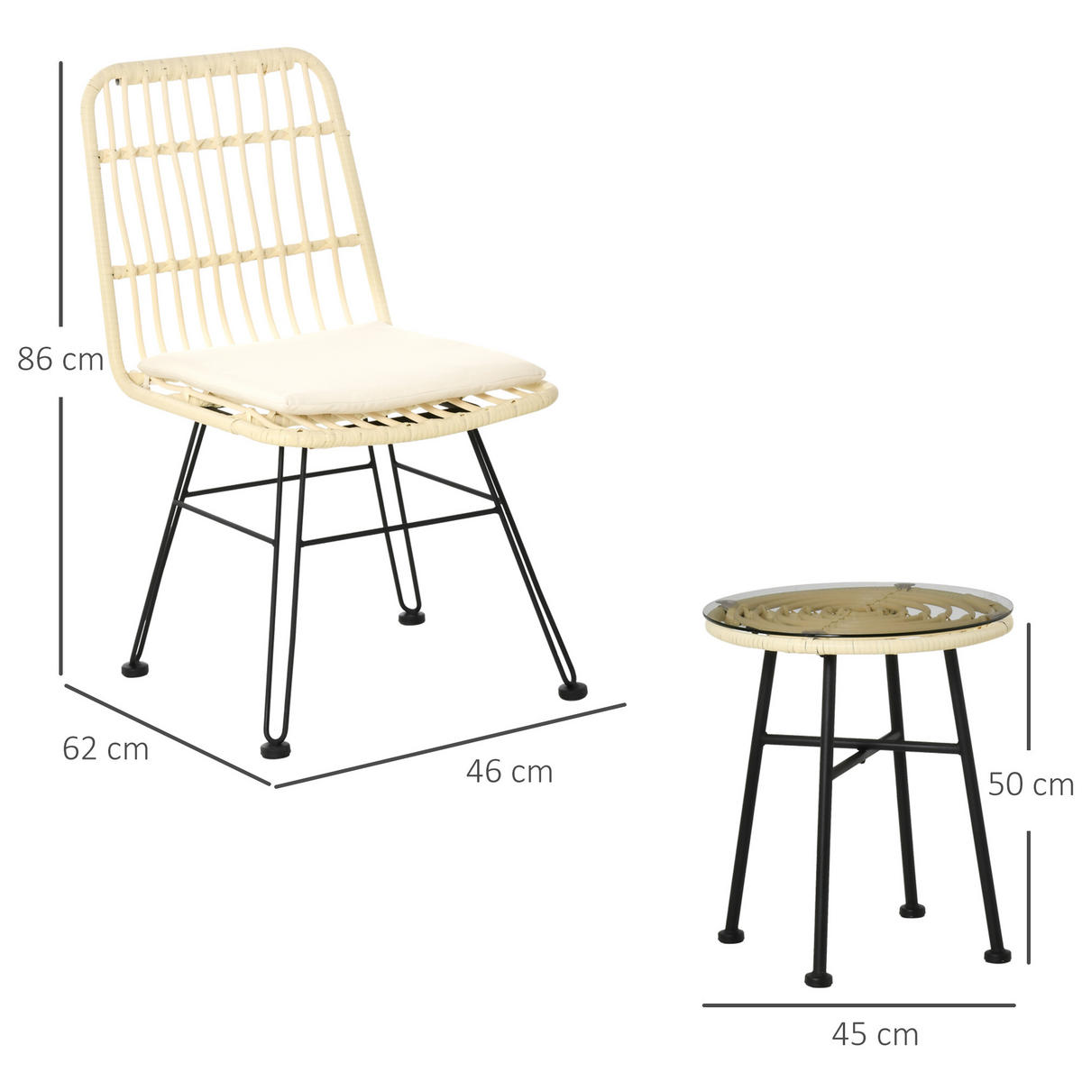 BISTROTSET 3tlg DE-13666 mit Glastisch und Polsterkissen Creme - Creme, Kunststoff/Metall - ComfortXL