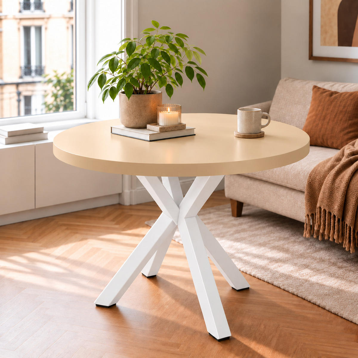 ESSTISCH rund ausziehbar 110-310/110/76 cm, Kaschmir, 54 cm Tischplatte + X Metallbeine Weiß - Kaschmir/Weiß, Holzwerkstoff/Metall (110/110/76cm) - Damale Möbel