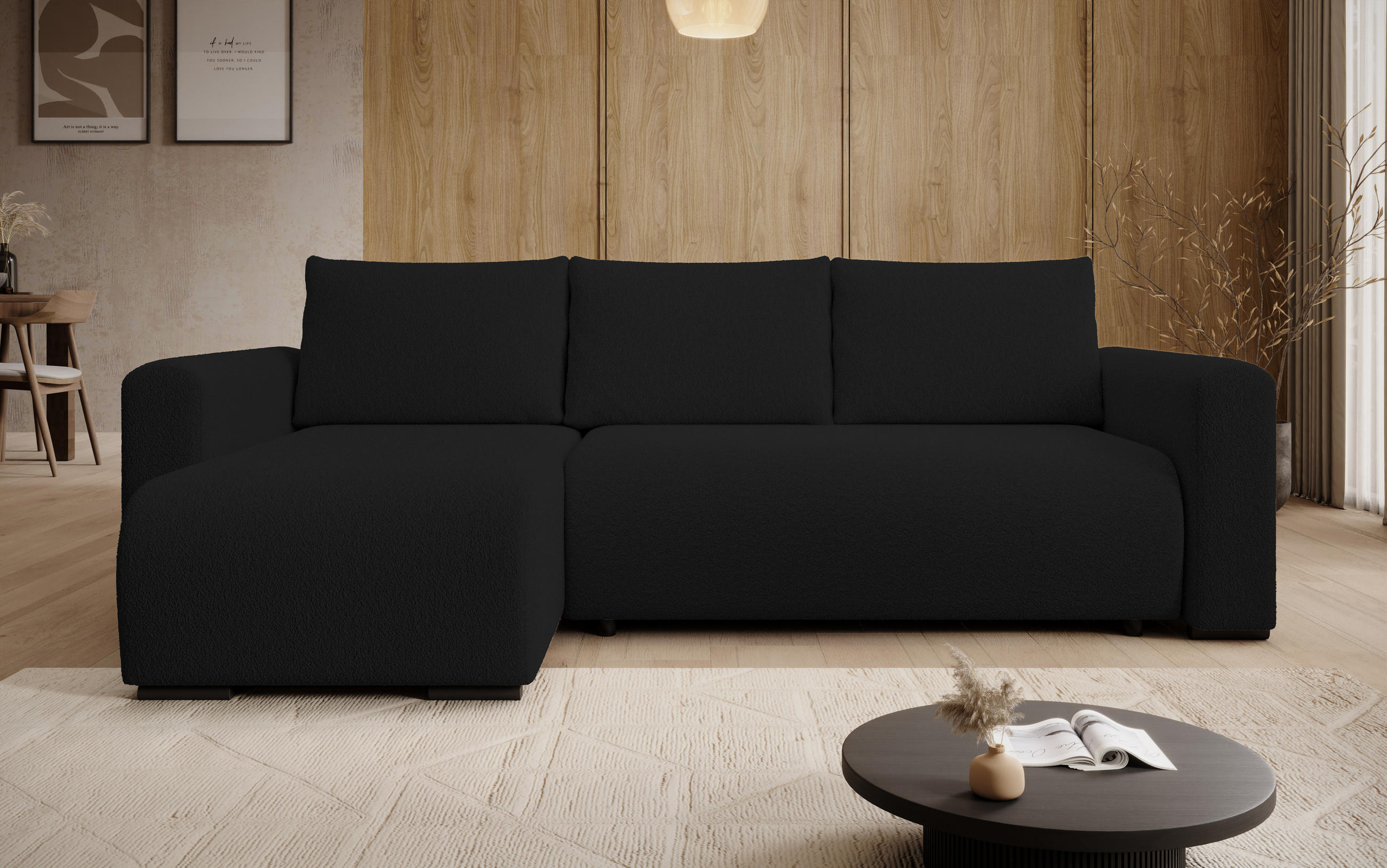ECKSOFA DORA L, Eckcouch in L-Form mit Schlaffunktion und Bettkasten, Farbe: Schwarz, Bouclé-Stoff, Ottomane Links - Schwarz, Textil (240/143cm) - Storez24