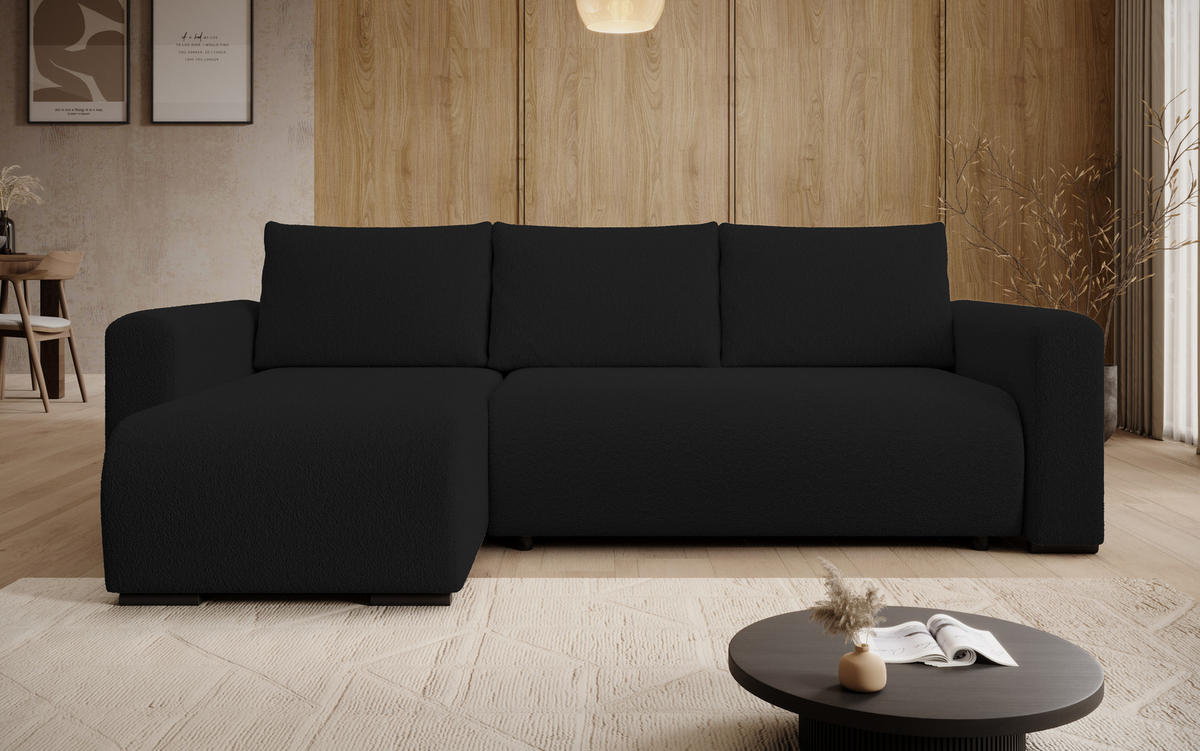 ECKSOFA DORA L, Eckcouch in L-Form mit Schlaffunktion und Bettkasten, Farbe: Schwarz, Bouclé-Stoff, Ottomane Links - Schwarz, Textil (240/143cm) - Storez24