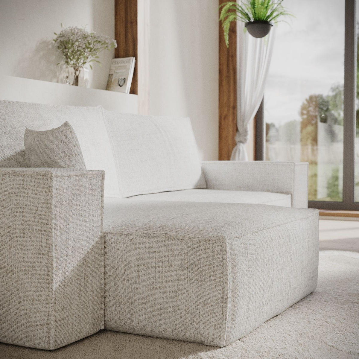 ECKSOFA CAVO mit Schlaffunktion Creme im Neve Stoff - Creme/Schwarz, Holz/Holzwerkstoff (255/148cm) - AltaBeds