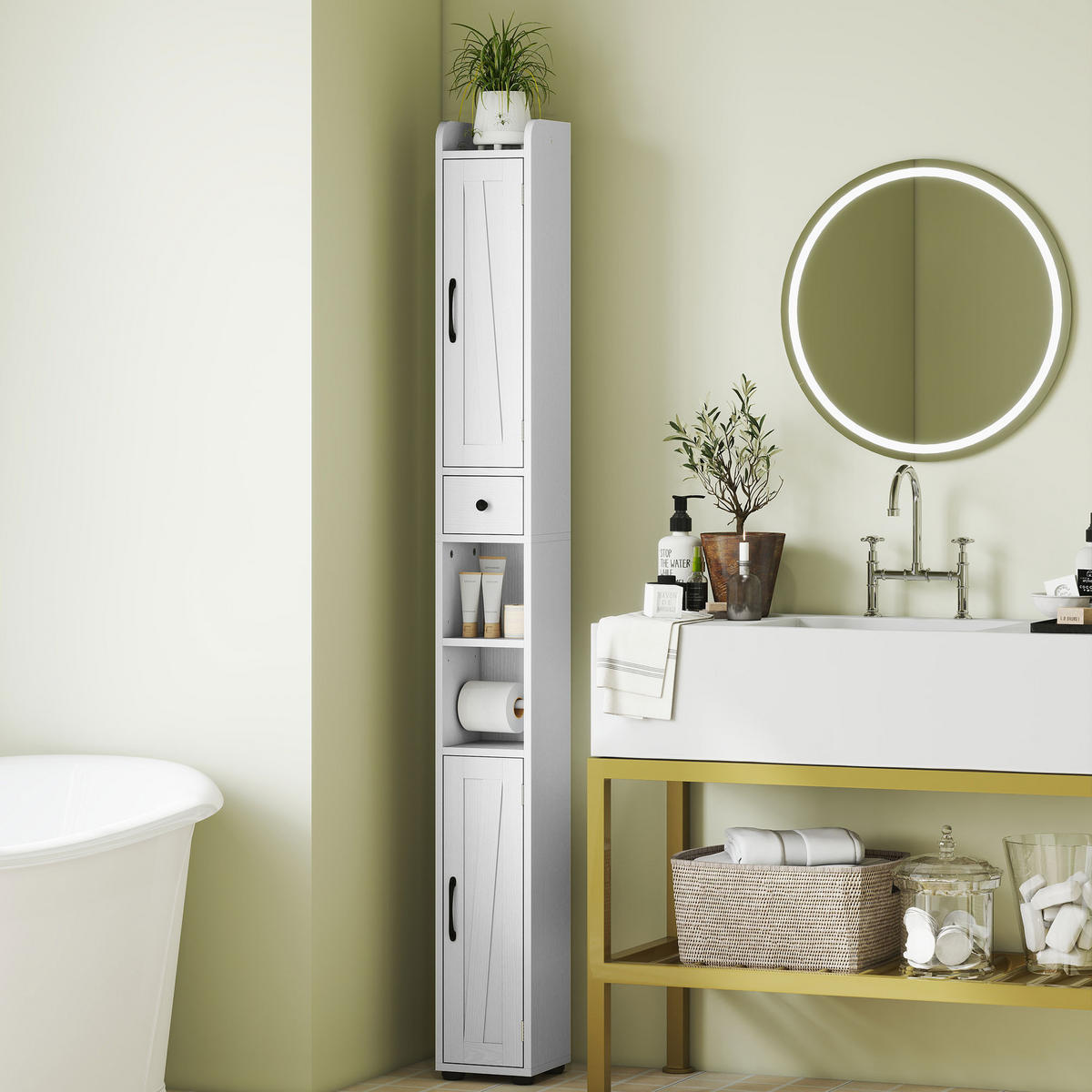 HOCHSCHRANK DE-12451 mit toilettenpapierhalter 20/20/185 cm Weiß - Weiß, Holzwerkstoff (20/185/20cm) - ComfortXL