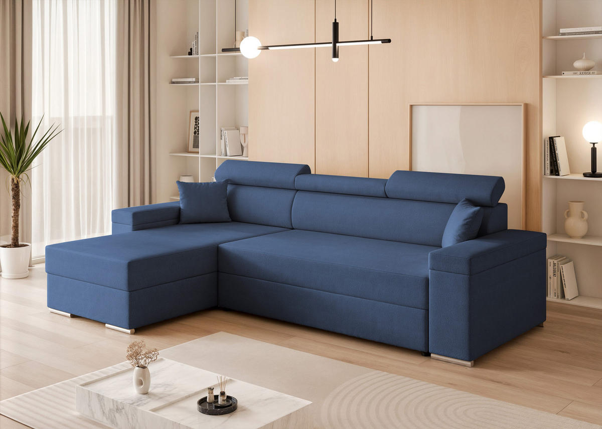 ECKSOFA AISHA mit Schlaffunktion und Bettkasten Marineblau - Dunkelblau, Holzwerkstoff/Kunststoff (250/90cm) - Idohome