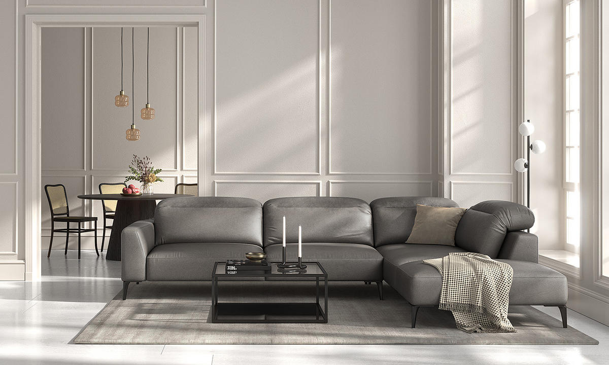 ECKSOFA mit Ottomane - Schwarz/Grau, Leder/Metall (325/238cm) - home24