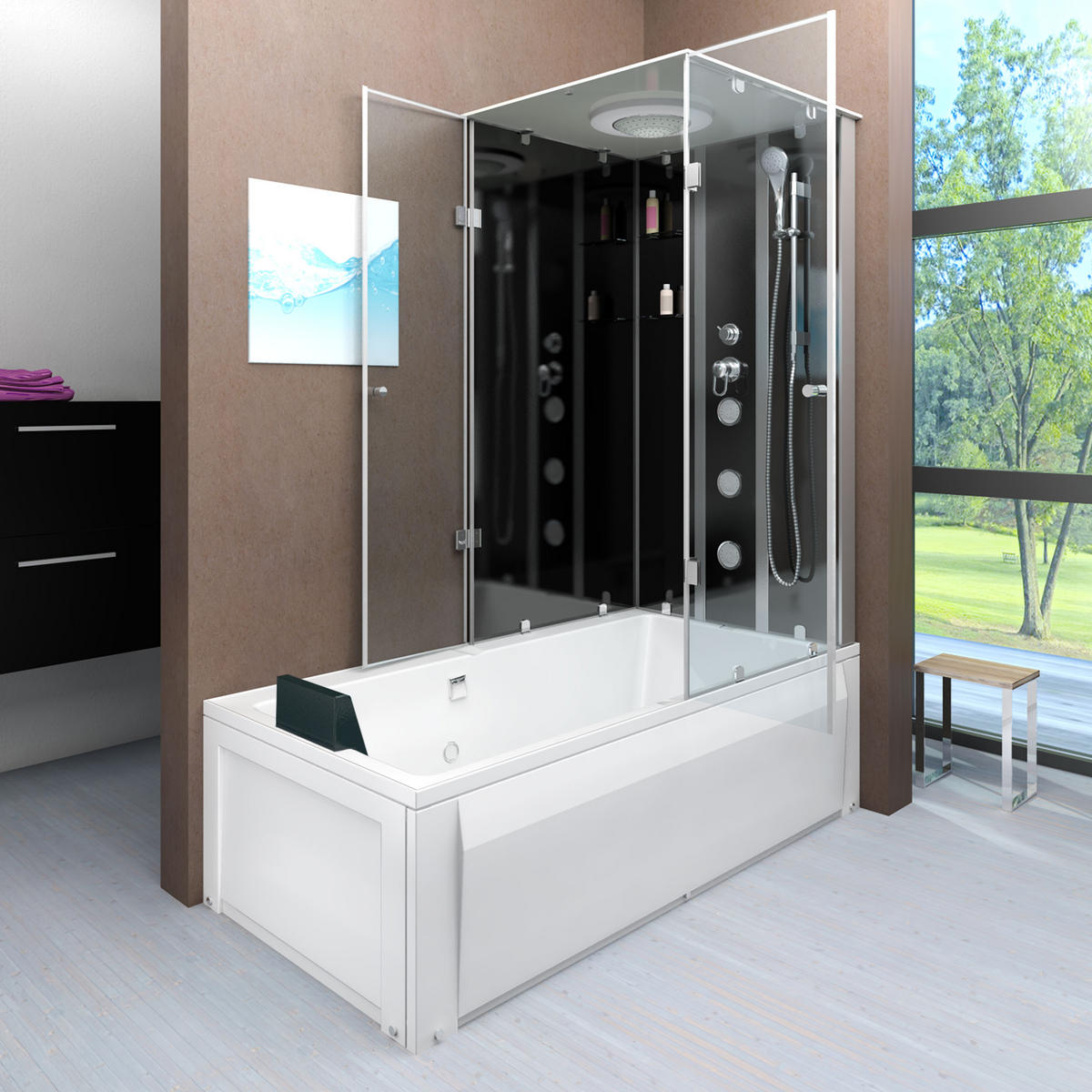 DUSCHE Wanne Kombination K05-L30-EC 180x90 - Schwarz, Glas/Kunststoff (90/225/180cm) - AcquaVapore by Sandra Jentho