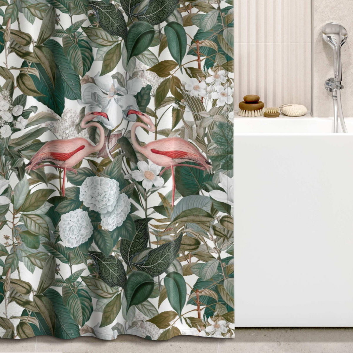 DUSCHVORHANG Rosa Flamingos mit Blättern und weißen Blumen 200/180 cm - Grün, Textil (200/180cm) - Bilderwelten