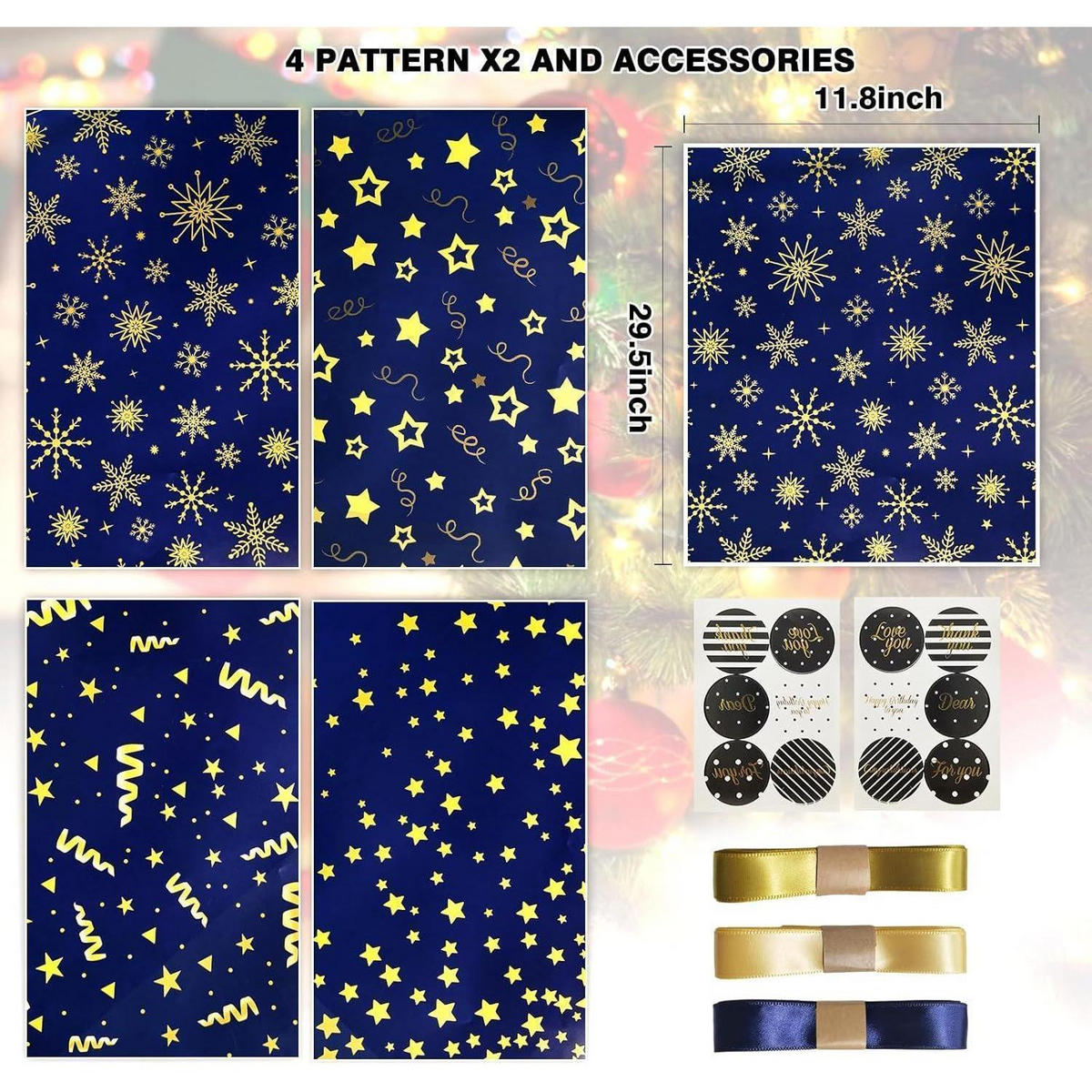 GESCHENKPAPIER Set Dunkelblau Gold 5 Bögen - Dunkelblau, Papier (15/0.6/20cm)