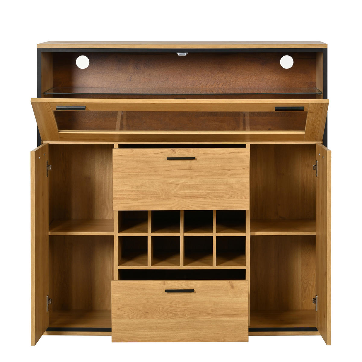 SIDEBOARD 110/38/111 cm in Holzfarbe aus Spanplatte mit Weinhalterung und LED-Beleuchtung - Schwarz/Naturfarben, Glas/Holzwerkstoff (110/111/38cm) - CHICFURN