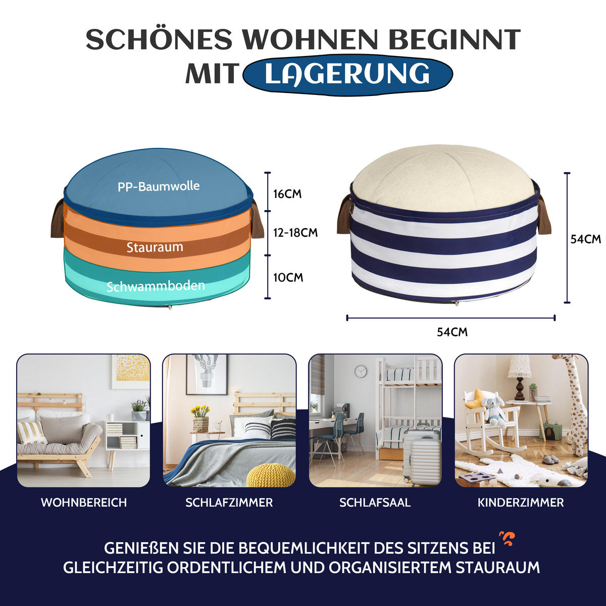 POUF mit Stauraum Cord - Blau/Weiß, Textil (54/26/54cm) - Vercart