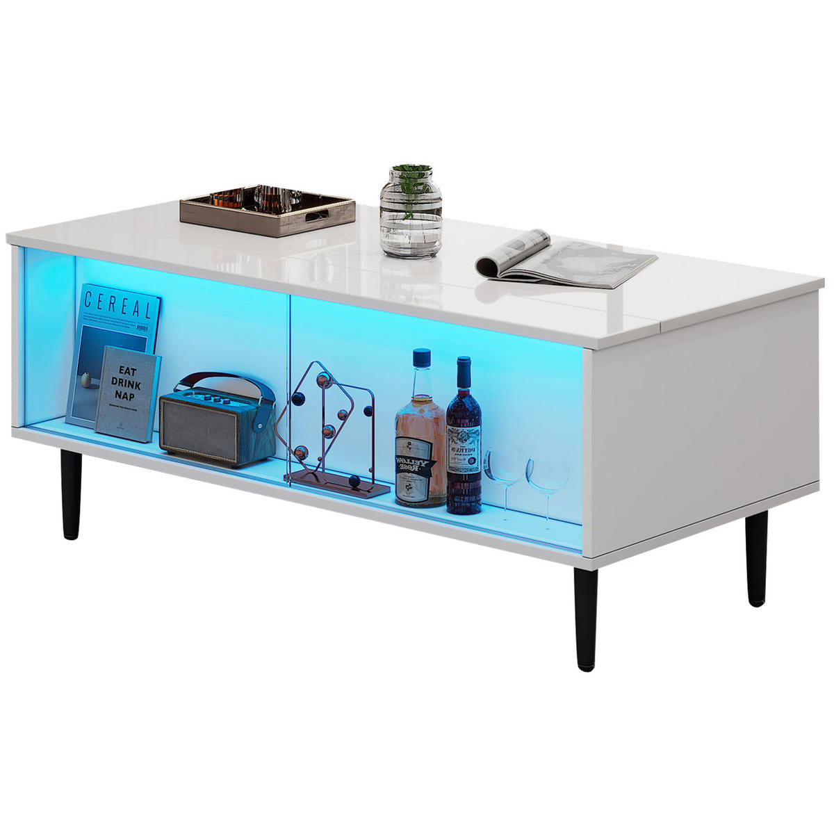 KONFERENČNÝ stolík, 105/50/43 cm biely, výškovo nastaviteľný s úložným priestorom a LED - biela, kompozitné drevo (105/50/43cm) - BEAOK